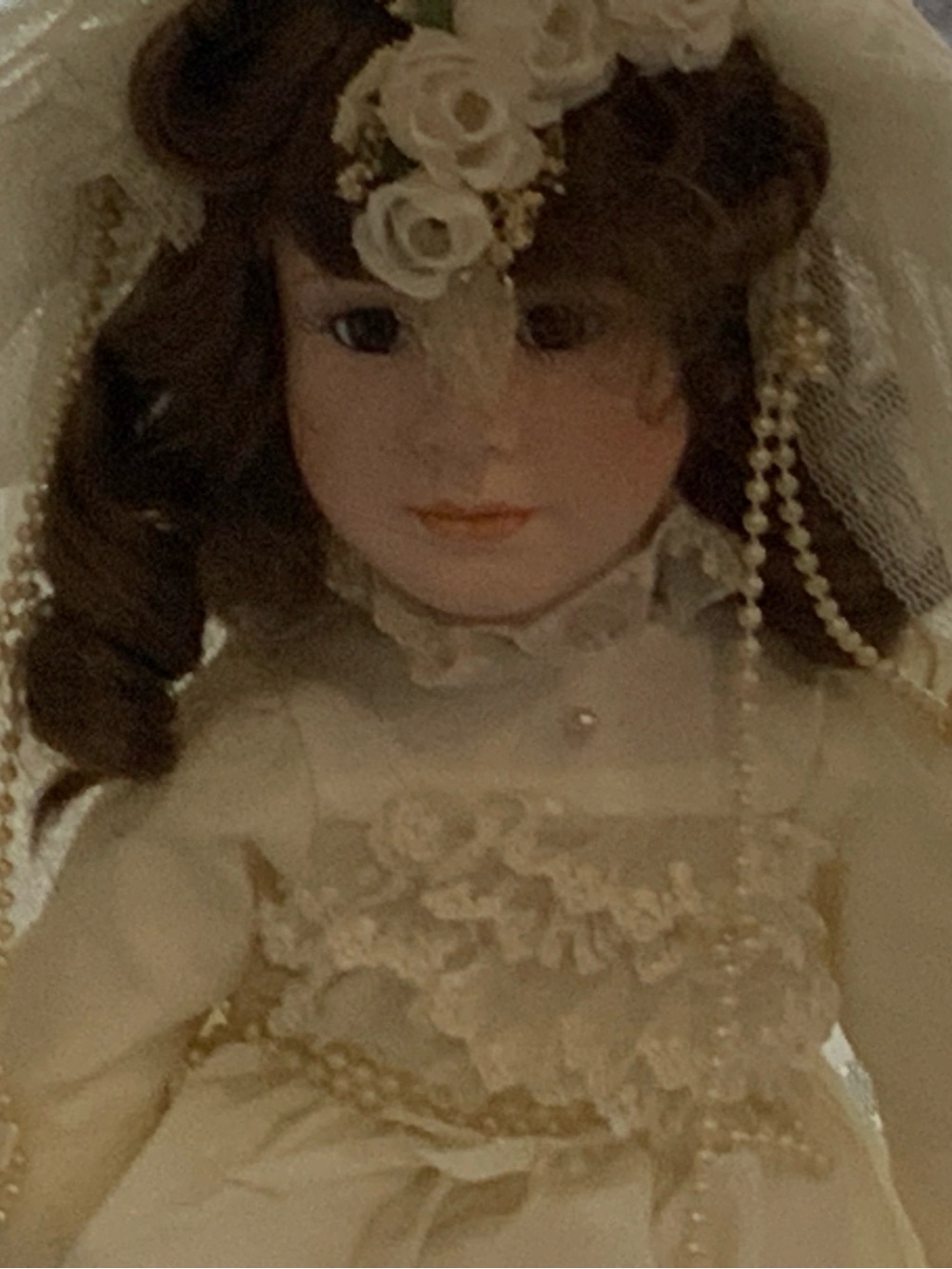 Porcelain bride doll with stand brown hair 21” tall